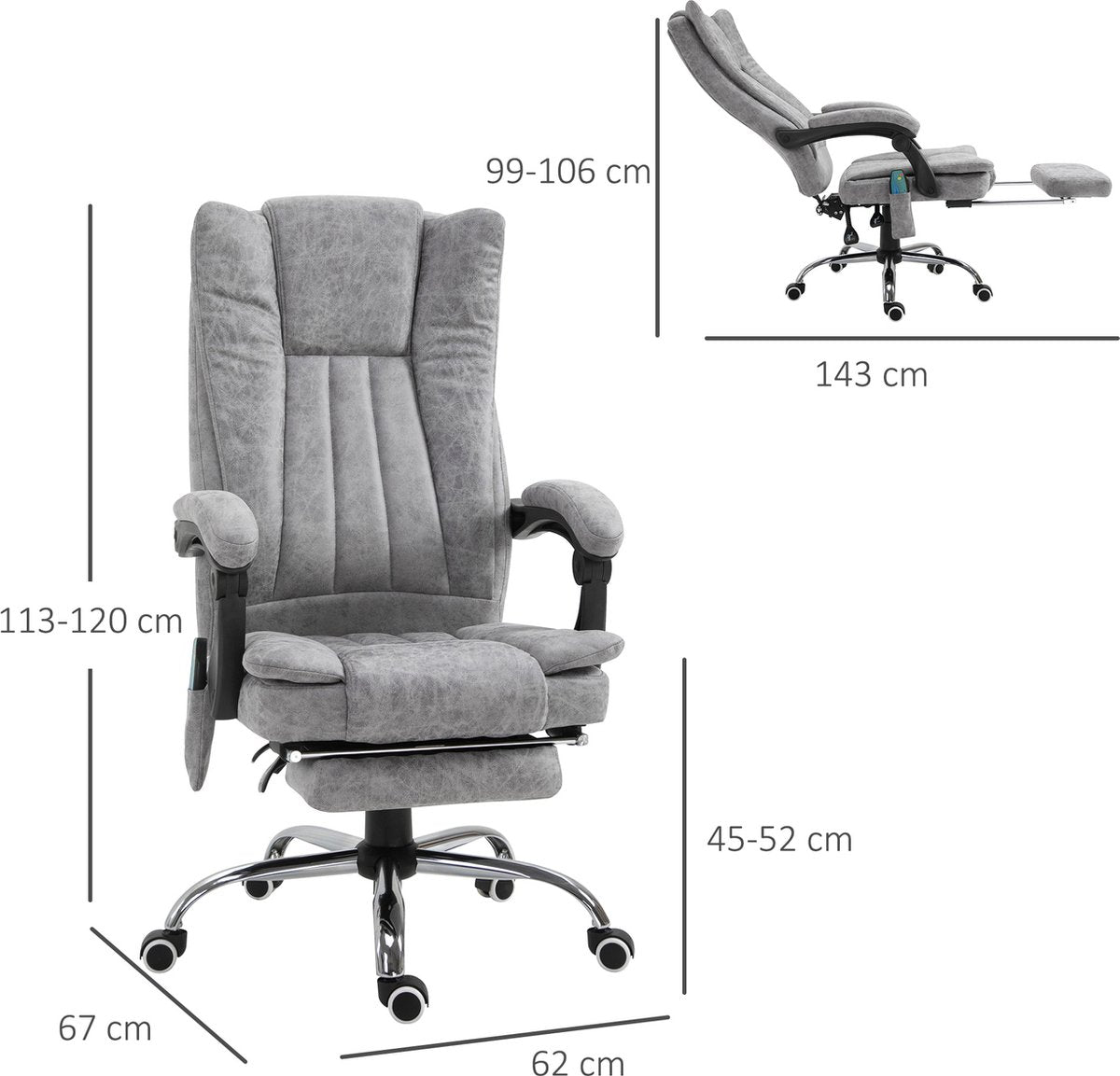 Office chair - Massage chair - Ergonomic office chair - Gaming chair - Heating function - Reclining function - Footrest - Grey