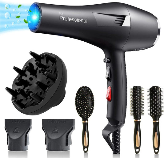 Professional Hair Dryer with AC Motor - Incl. 3 Hair Brushes & 2 Nozzles - Hair Dryer with Diffuser - Fast Drying - 2400W