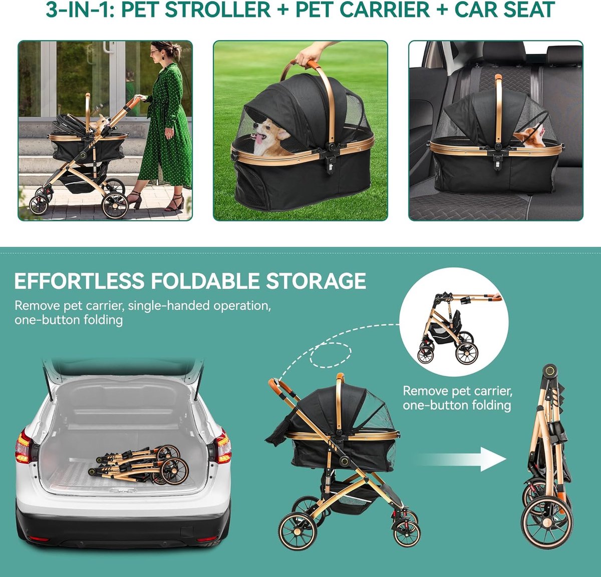 3-in-1 dog buggy up to 20 kg foldable for small dogs and cats - Foldable pram (black)