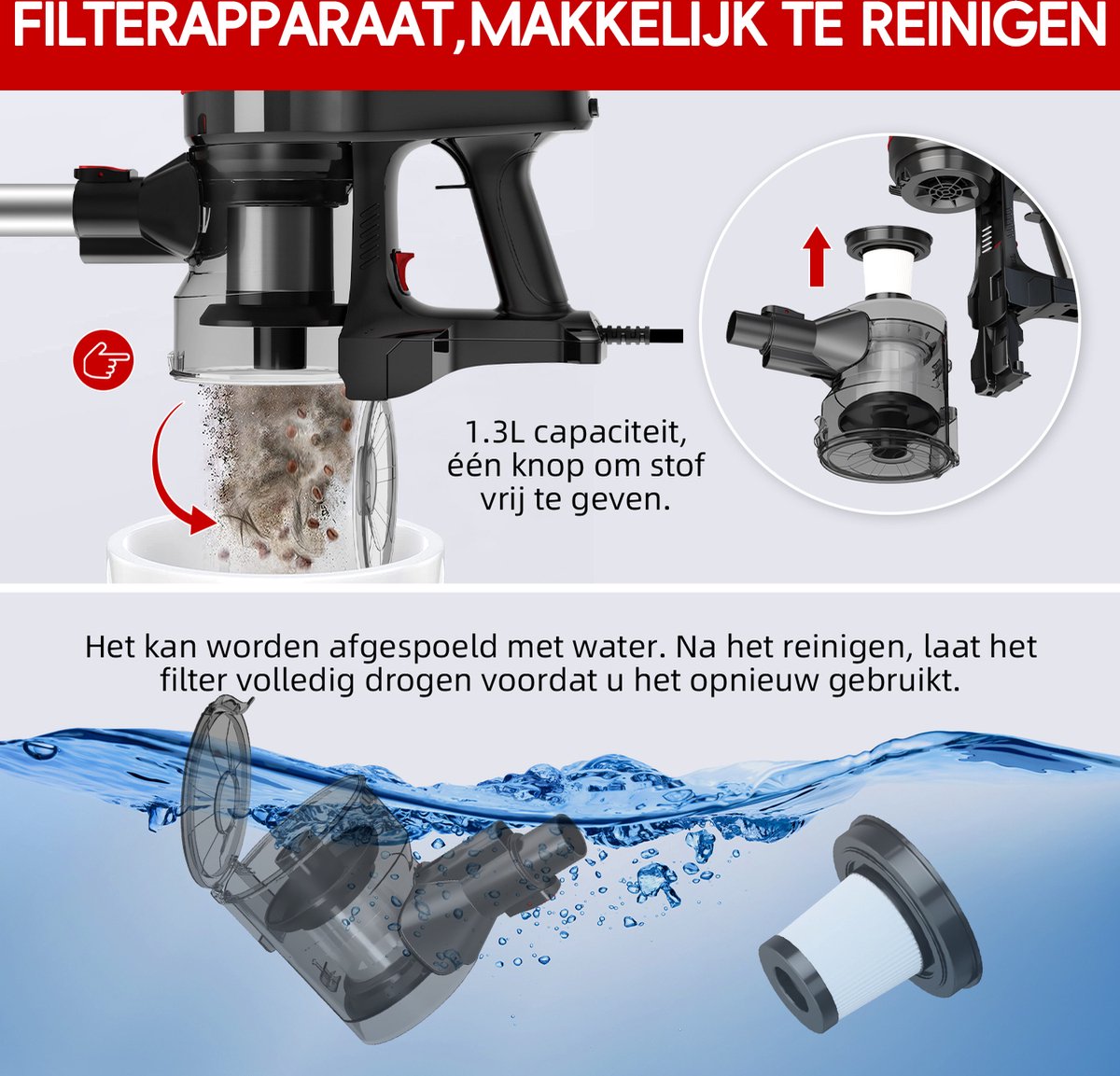 Elekiatech Steelstofzuiger - 25000Pa - 5m Snoer - 600W - 4-in-1 HEPA Filter - 1.3L Capaciteit