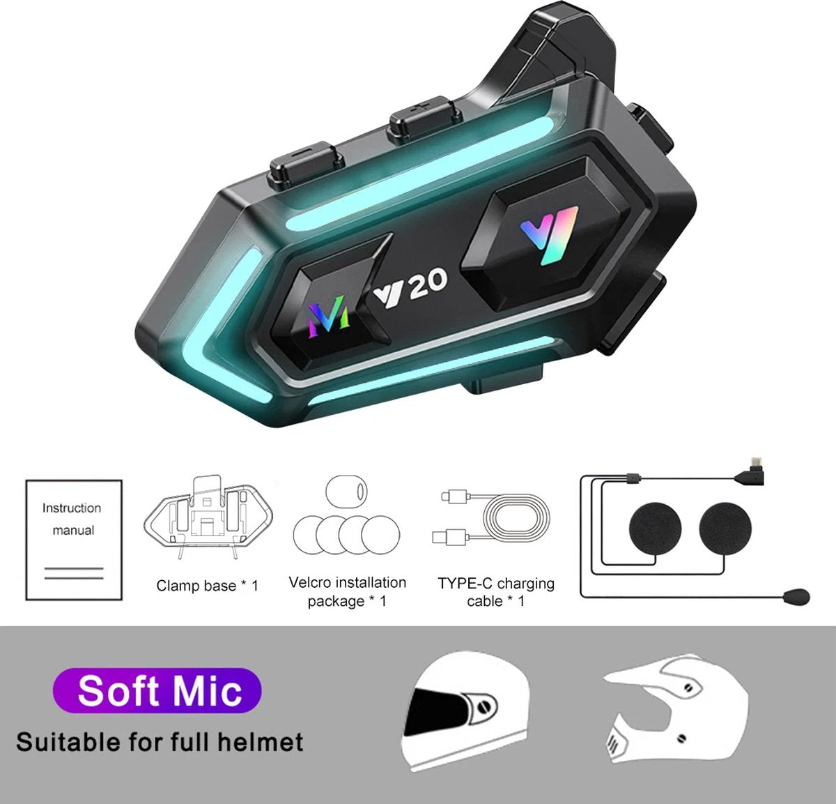 Motorhelm Headset - Headset Met Microfoon - Oortjes - Draadloos - Waterdichte Oortelefoon - IPX6 Helm Headset - 5.3 Bluetooth Communicatie - 72 Uur Lange Werking - 16 Kleuren RGB Verlichting - Zwart
