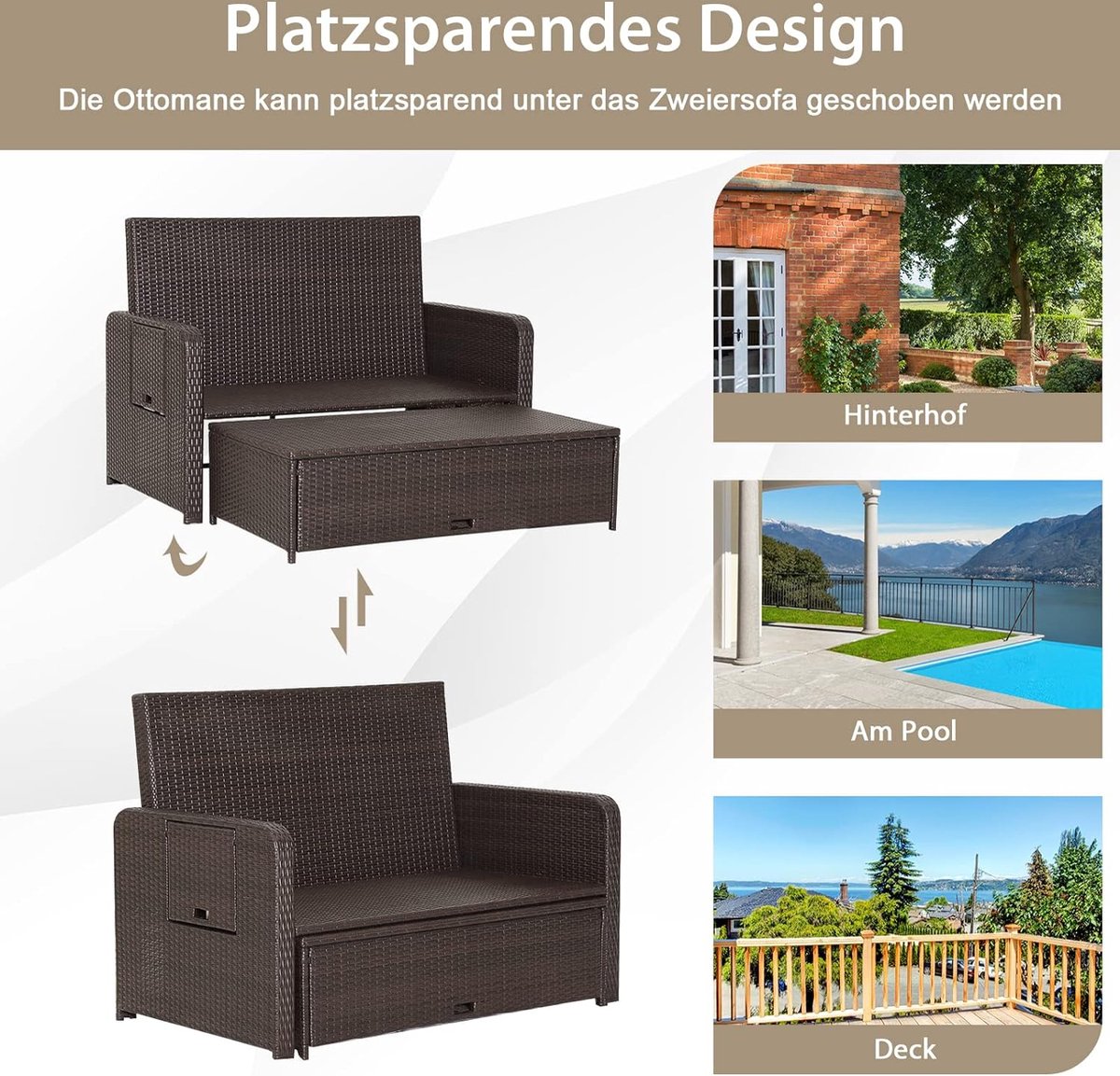 Rieten bankstel - 2-zits fauteuil met voetenbank en 2 bijzettafels, terrasbank, slaapfunctie, lounge tuinbank, verstelbaar voor buiten, balkon en tuin, 170 x 120 x 91 cm