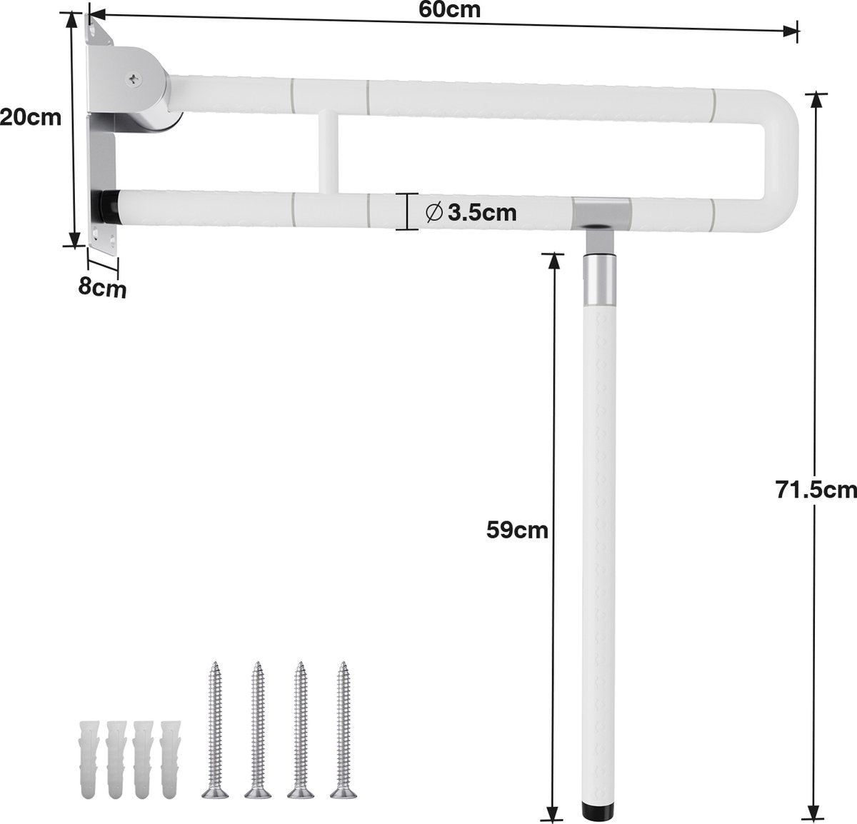 Opklapbare toiletbeugel met steunpoot - Verstelbare toiletsteun - Handgreep toiletsteun - Wandbevestiging - 60 cm lang Wit