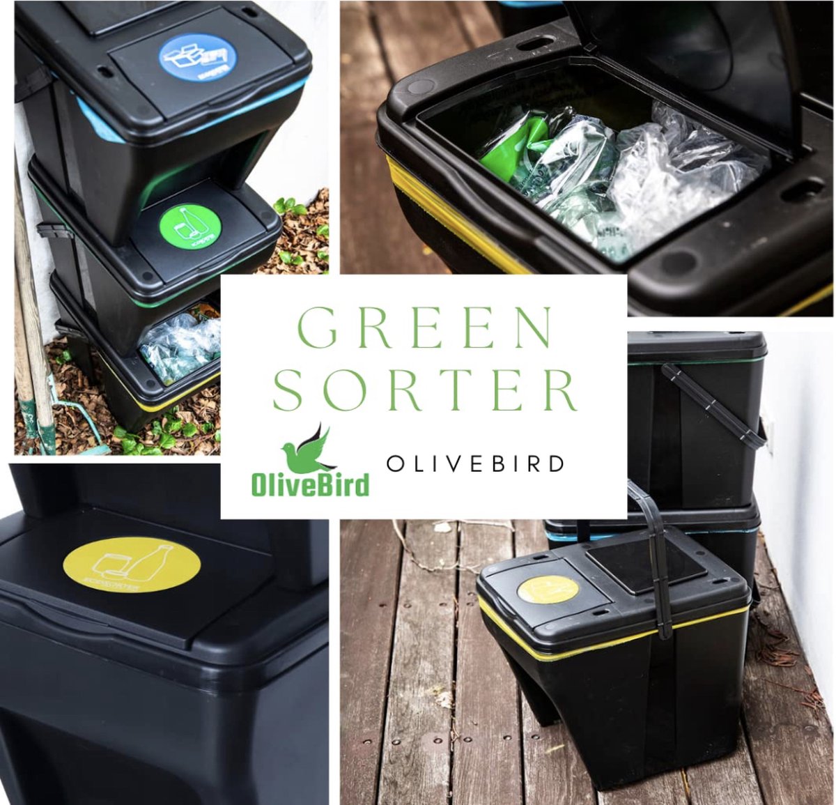 Vuilnisbak 4 vakken afvalscheidingssysteem 100 l - 4 x 25 l groene sorter afvalscheider 5 stickers kleuren afvalscheider voor biologisch afval papier, glas afvalscheidingssysteem voor afvalscheiding in de keuken