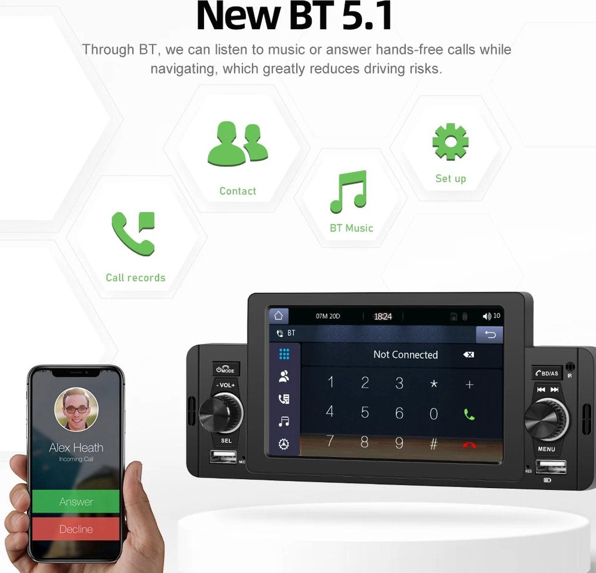 Autoradio - 1 DIN - Apple Carplay - Android Auto - Bluetooth - USB - Camera - 5"