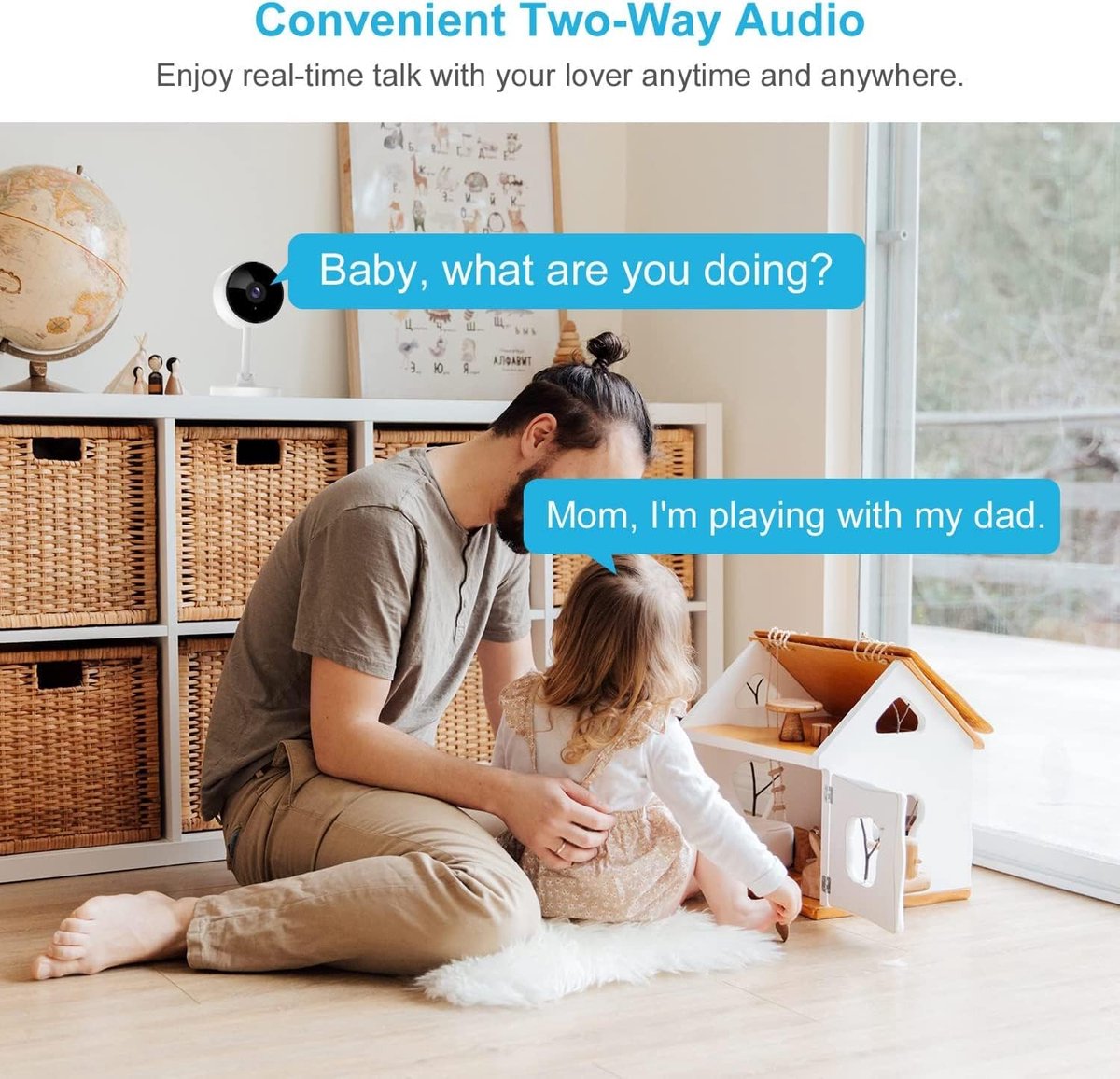 Security camera, for indoor use, with motion detection, night vision, 2-way audio, baby monitor with camera and app, pet camera with app, wifi camera, indoor, compatible with Alexa