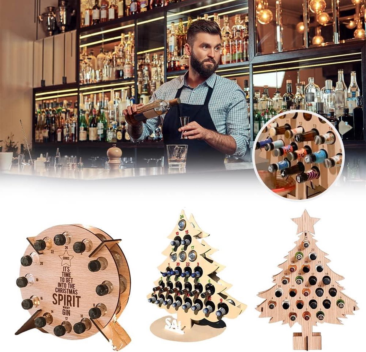 Stackable Wine Rack Advent Calendar 24 Wooden Christmas Tree Wine Holder - Christmas Wine Standing Organizer - Storage Shelf - Countertop Organizer