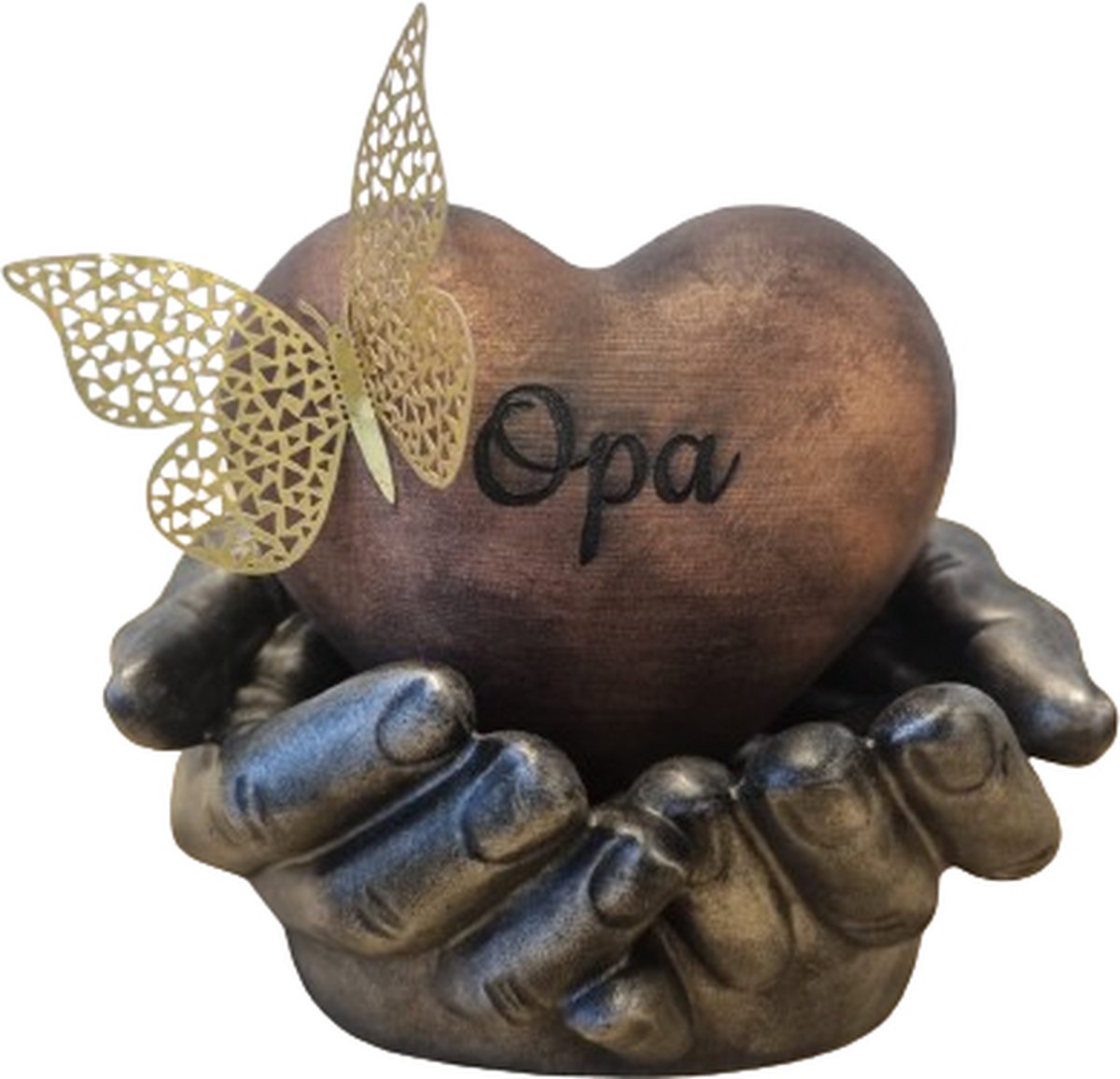 Personalized urn heart in hands - 450 ml - bronze, antique silver