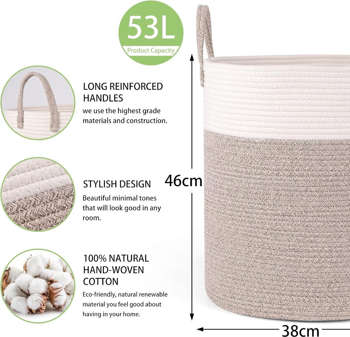 Braided Cotton Laundry Basket, 53 Litres, Laundry Hamper with Handle, Laundry Basket Toy, Laundry Hamper Storage Box for Nursery, Living Room, Bathroom, 46 x 38 cm