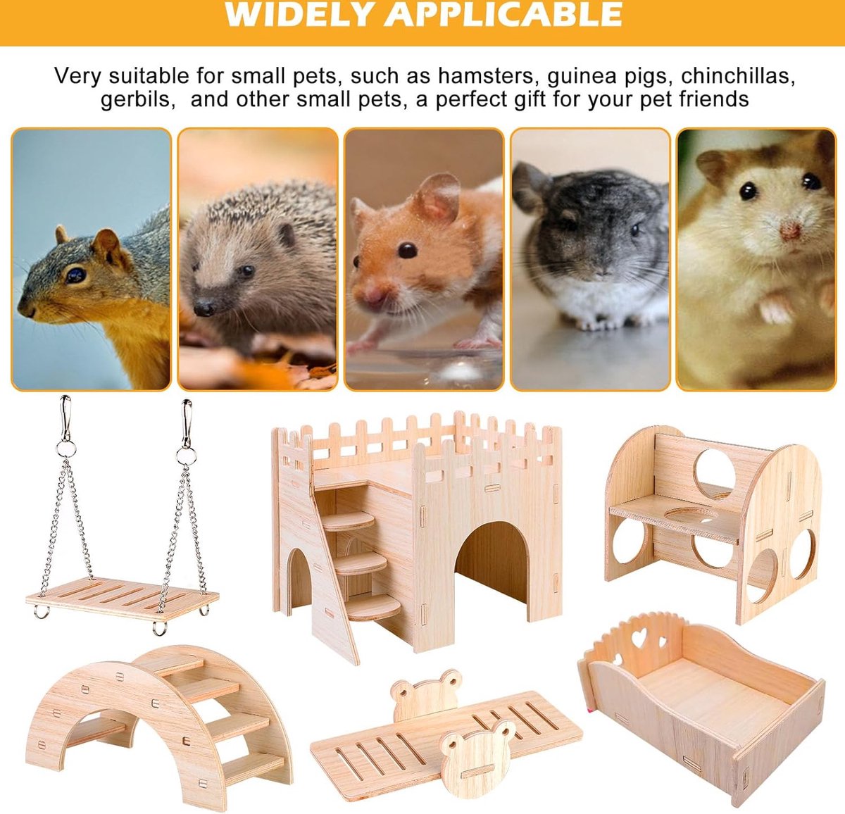 Wooden Hamster Toys, 6 Pcs DIY Hamster Chew Toys, Hamster Hideout House Bridge Seesaw Swing Exercise Toys, Hamster Cage Accessories for Gerbils