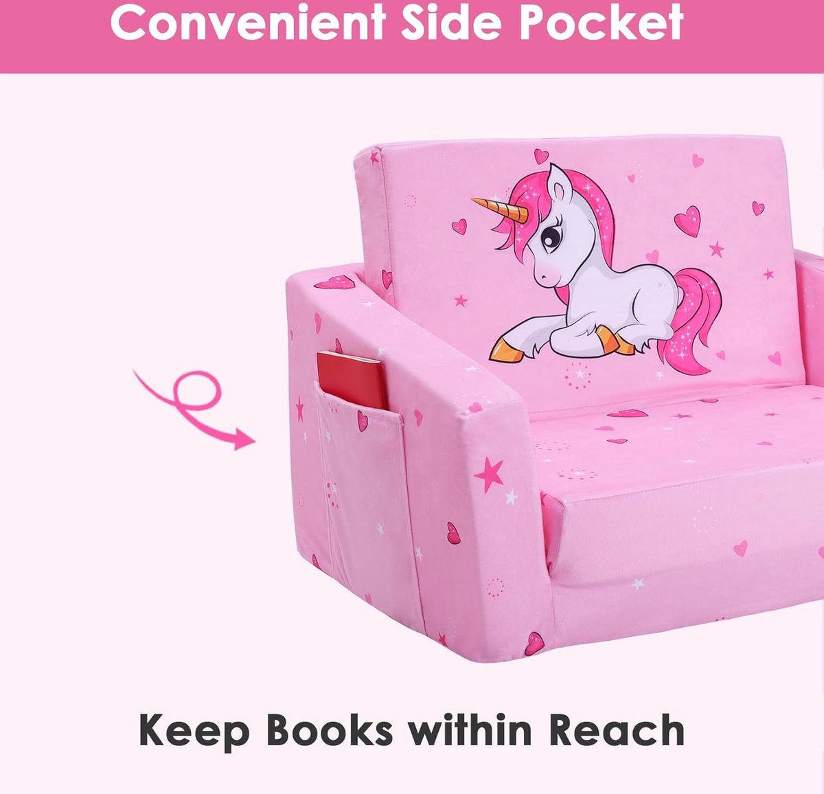 Foldable Children's Sofa Backrest, 2-in-1, Stable Toddler Chair with Fabric Bag and Non-Slip Cushion, Soft Lightweight Flip-Open Children's Chair for Bedroom, Living Room, Playroom, Unicorn
