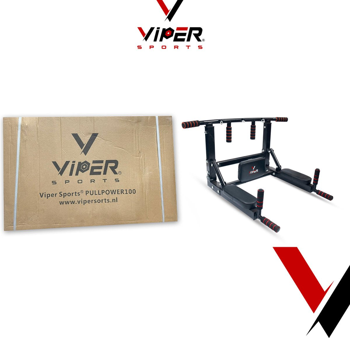 Viper Sports PullPower – Optrekstang – Rug- & Armkussen – Antislip – Tot 120 kg – Metaal – Zwart/Rood