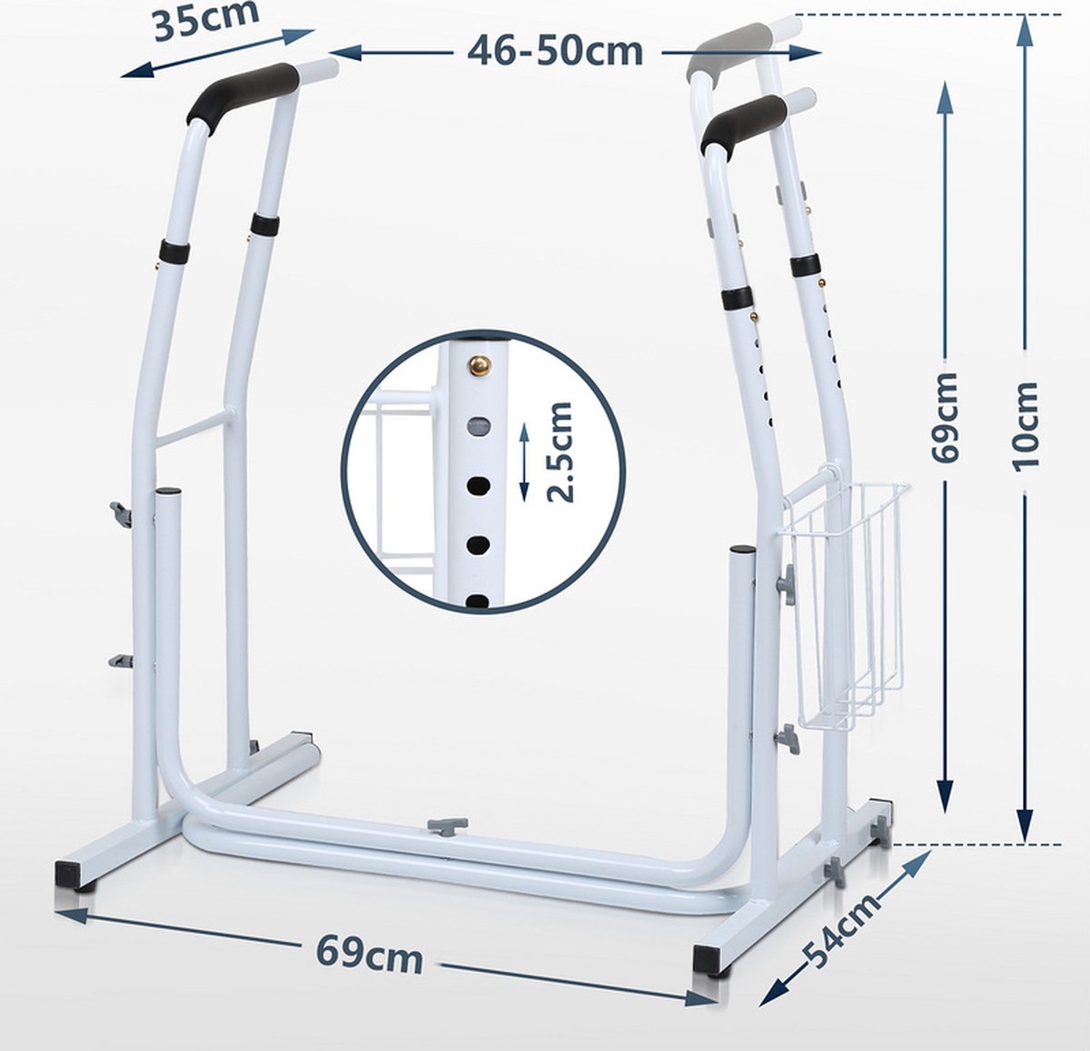 Toiletframe - Universeel Opstahulp Toiletframe - in hoogte verstelbaar - Toiletsteun Antislip - incl. Opbergmand