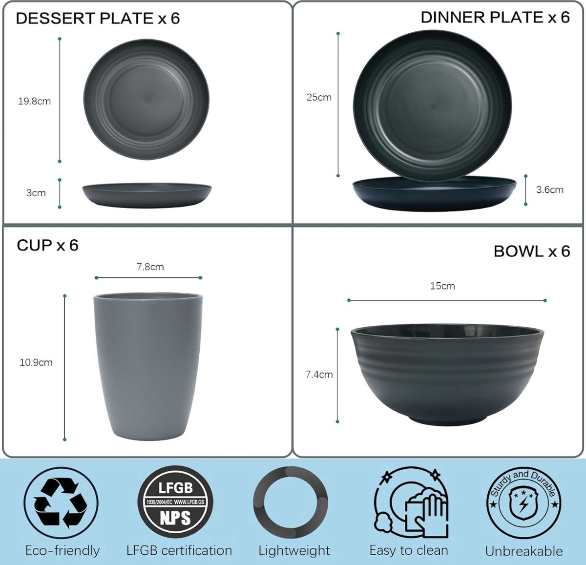 Camping Dinnerware Set, 24-piece Plastic Dinner Set for 6 People, Lightweight Break-Resistant Dinnerware Set, Detachable Plates, Bowls, and Cups, Microwave and Dishwasher Safe