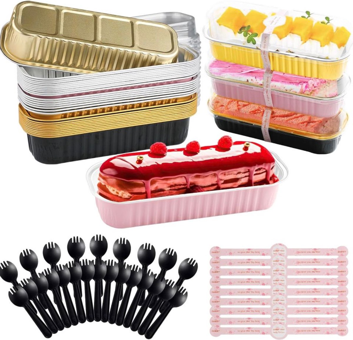 Mini broodcakevormpjes 30 stuks mini-broodblikken met deksels en lepels, 200 ml mini-cakevormpjes rechthoekige aluminiumfolie bakpannen + Cake Spuitzakken, Wegwerp Plastic Cake Spuitzakken 100 Stuks (S)