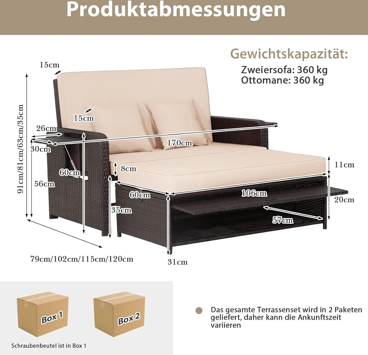 Rieten bankstel - 2-zits fauteuil met voetenbank en 2 bijzettafels, terrasbank, slaapfunctie, lounge tuinbank, verstelbaar voor buiten, balkon en tuin, 170 x 120 x 91 cm