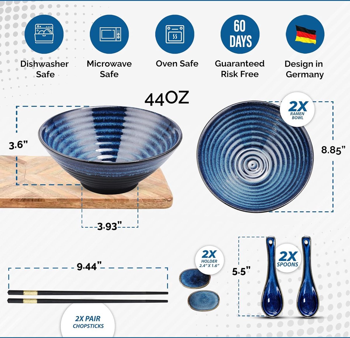 Ramen Bowl 8-delige set originele Japanse keramische ramen- en soepkommen - incl. eetstokjes en lepels - Aziatisch servies kom voor noedelsoep muesli salade - incl. e-book