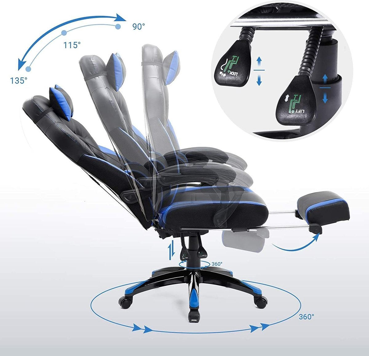 Gamingstoel - Bureaustoel met Voetsteun - Zwart-Blauw