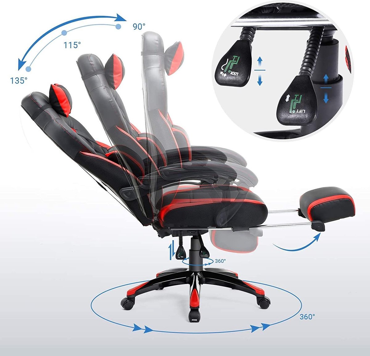Gamingstoel - Bureaustoel met voetensteun - Zwart-Rood