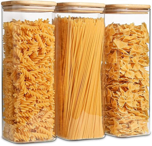 WINKEL YOLO-Opbergpot Spaghetti -2100 ml Glazen-met Bamboe Deksel voor Pasta-Koffiebonen-Set van 3