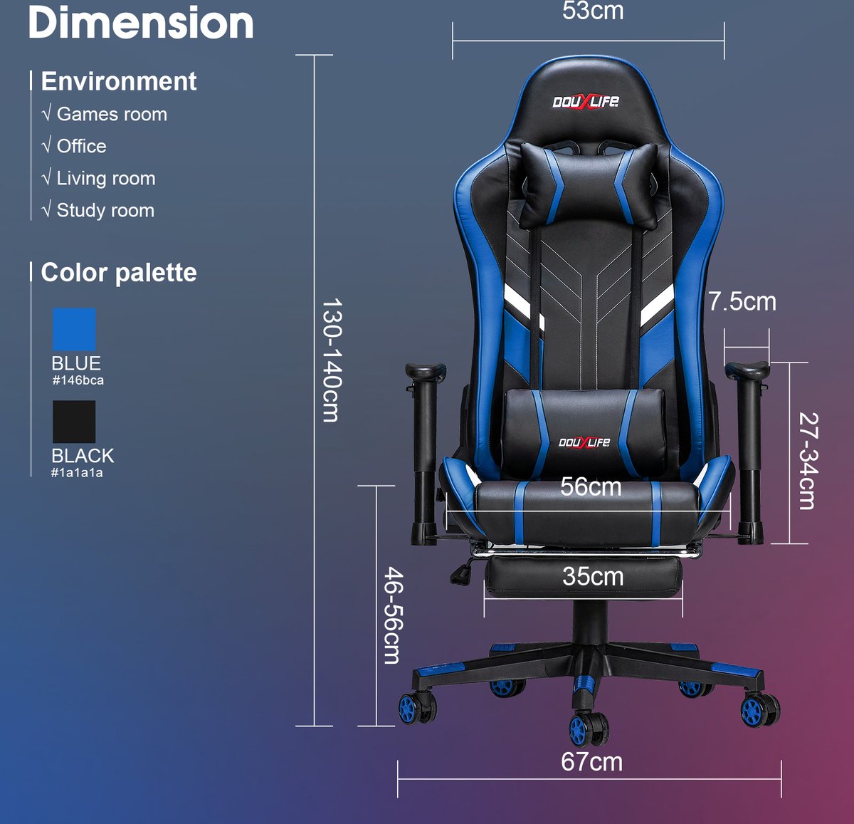 PU Massagestoel met voetenbank - Ergonomische Gamestoel - 175° - Bureaustoel - Blauw&Zwart