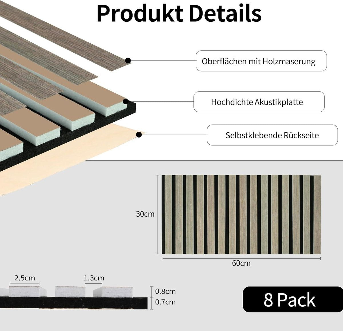 Zelfklevend akoestisch paneel - set van 8 stuks - 3D akoestische platen - 30 x 60 x 18 cm - hoge dichtheid polyester - geluidsisolatie voor muur woonkamer - thuis akoestische panelen