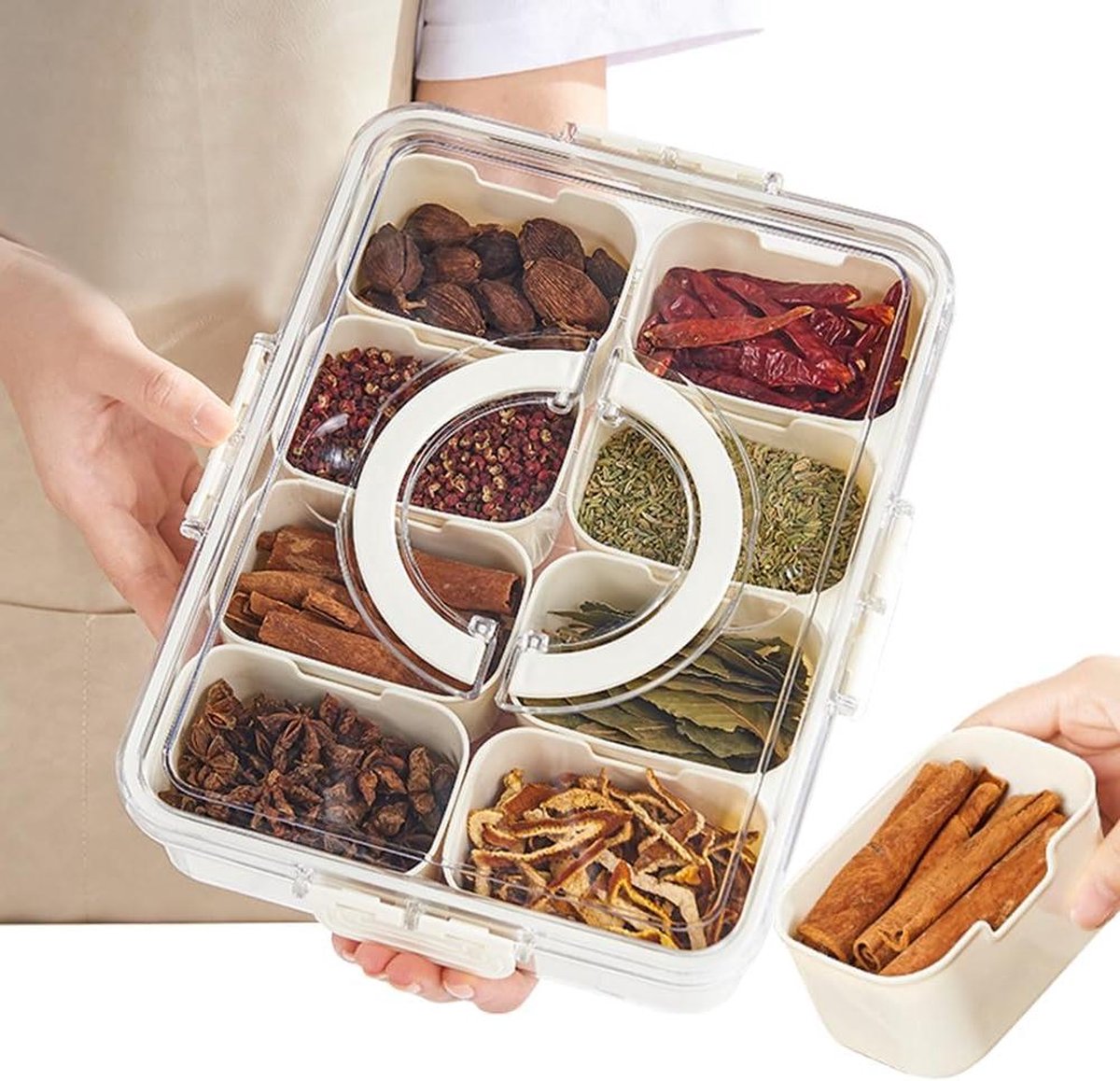 Snack tray met deksel - opbergdoos voor snacks - snackbord met 8 vakken - organizer voor kruidenpotjes - snoep, veganistisch, koekjes - noten, fruit - dip, tapaskommen (8)