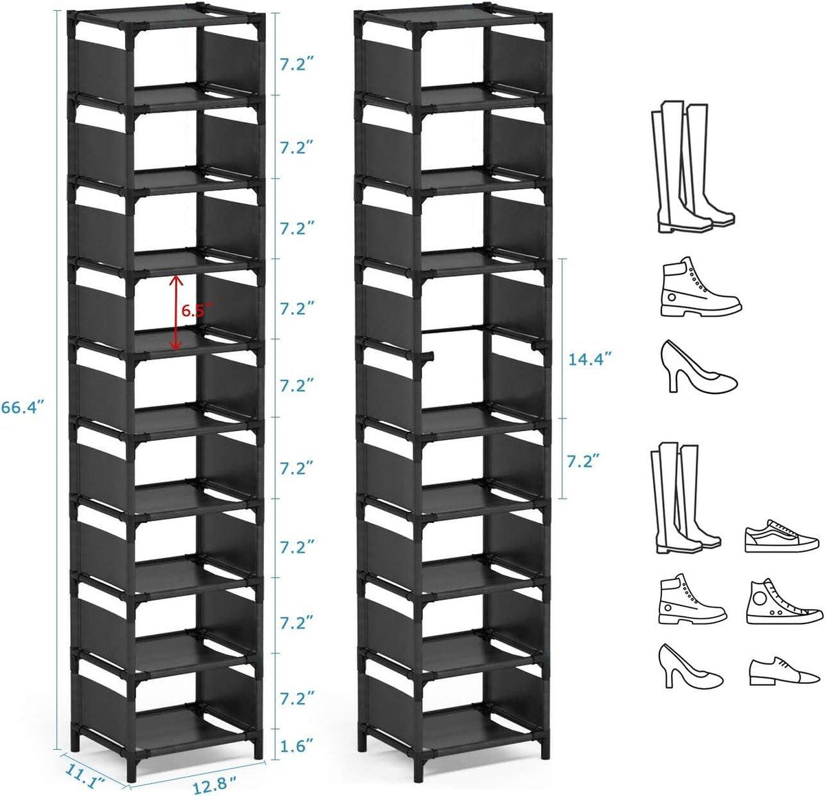Space-saving shoe rack 10 layers - Organizer for 10 pairs of high shoes - Narrow shoe shelves for entryway closet - Stackable cubby storage