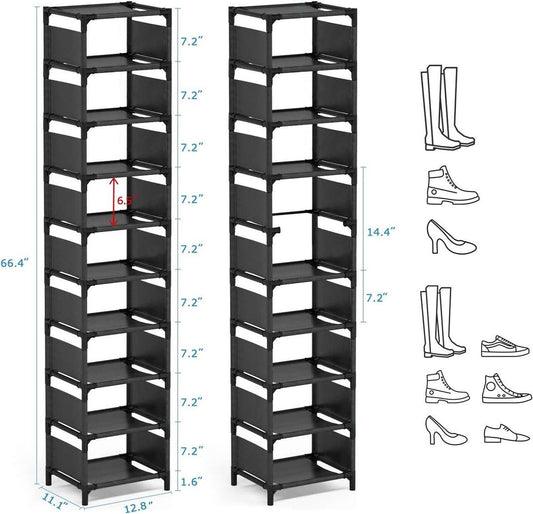 Space-saving shoe rack 10 layers - Organizer for 10 pairs of high shoes - Narrow shoe shelves for entryway closet - Stackable cubby storage
