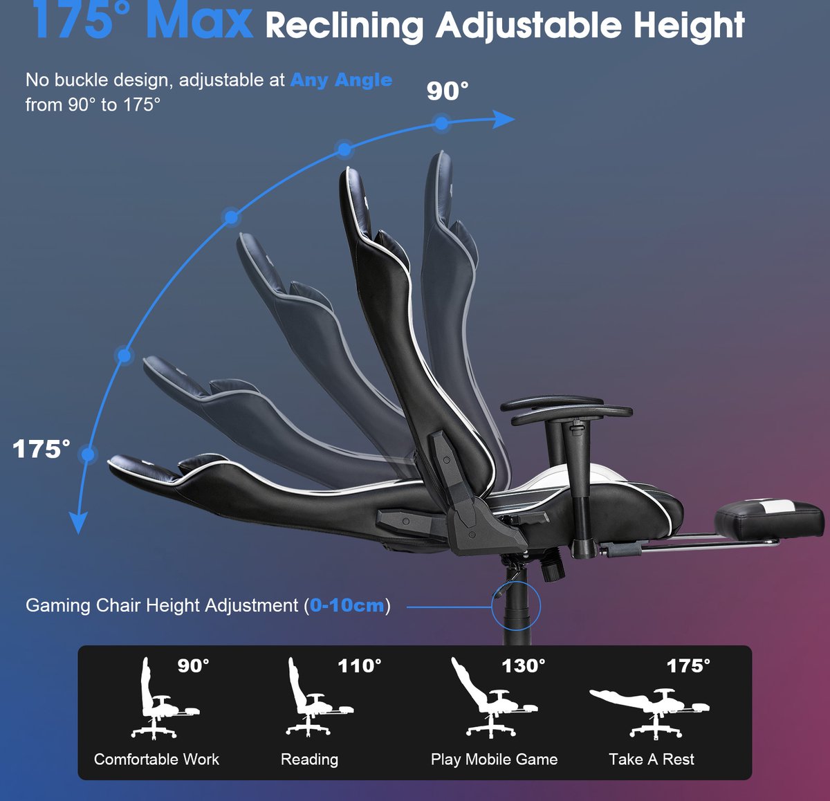 PU Massage Gaming Chair with Footrest - Ergonomic Gaming Chair - 175° - Office Chair - White&Black