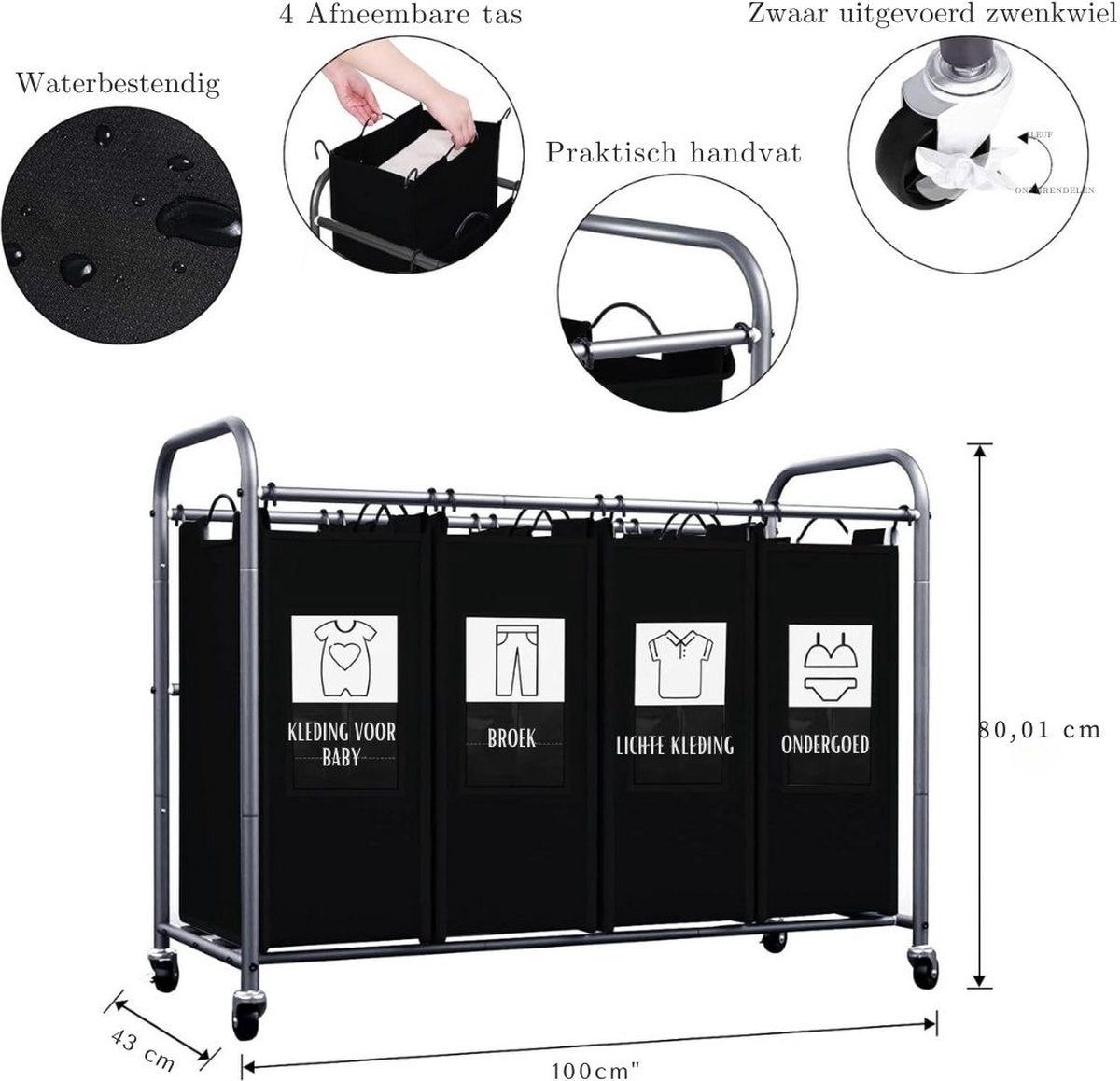 Wassorteerder 4 vakken - Wasmand 4 vakken - Wasmand Op Wieltjes – Wassorteerder Met Verwijderbare Zakken - Dubbele wasmand Met 6 Sorteerkaarten – Wasmanden - 99 x 43 x 79 cm