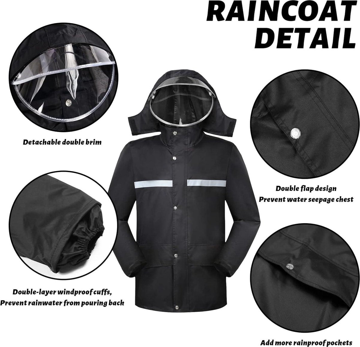 Heren Waterdicht Regenpak (Jack en Broek) Outdoor Anti-Storm Regenkleding met Veilige Reflecterende Strip ZwartM Zwart