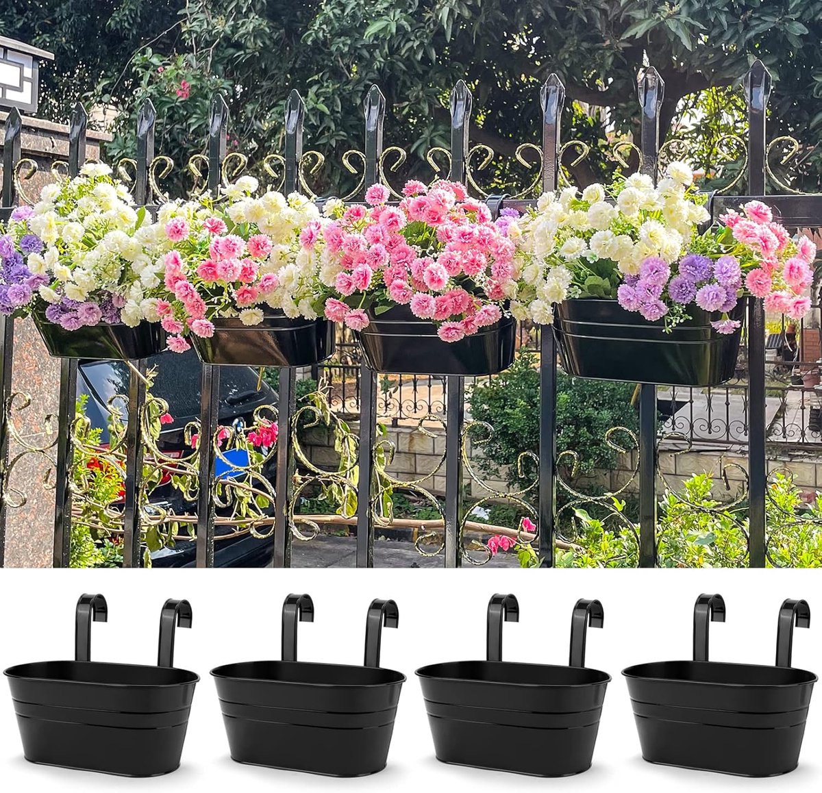 4 stuks grote hangende bloempotten, metalen ijzeren muur plantenbak binnen/buiten voor reling hek balkon tuin huisdecoratie met afneembare haken