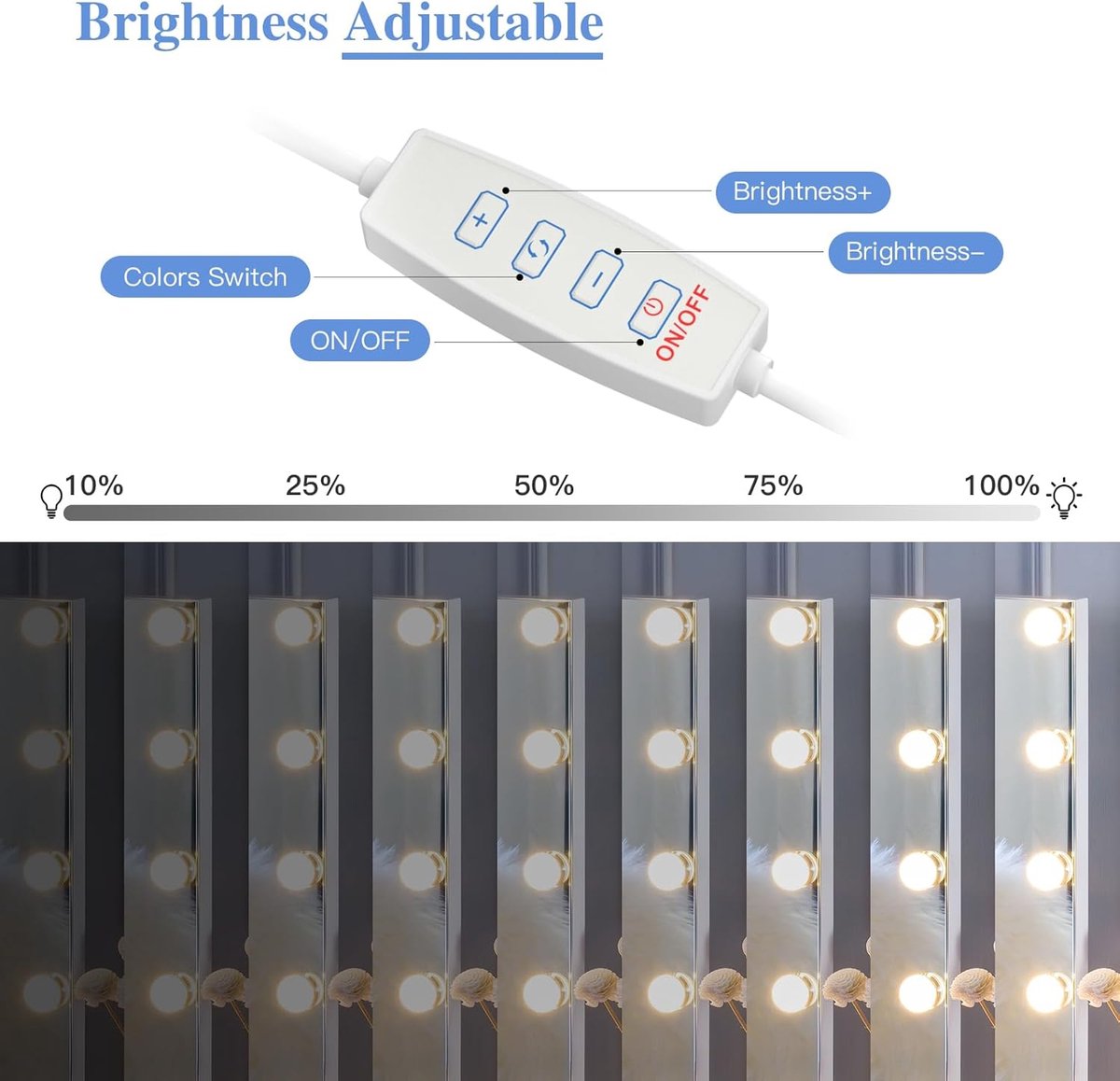 LED-make-uptafel, Hollywood, kaptafel met 14 lampen, kaptafel, dimbaar, USB, make-uplamp met 3 kleuren (spiegel en adapter niet inbegrepen)