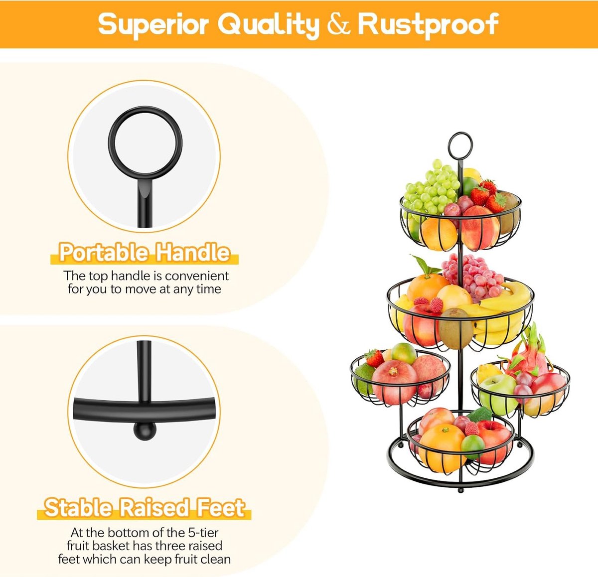 5-laagse fruitmand, metalen fruitschaalrek voor meer ruimte op het werkblad, moderne fruitschaalorganizer, fruitopslag voor brood, snacks, groenten (zwart)
