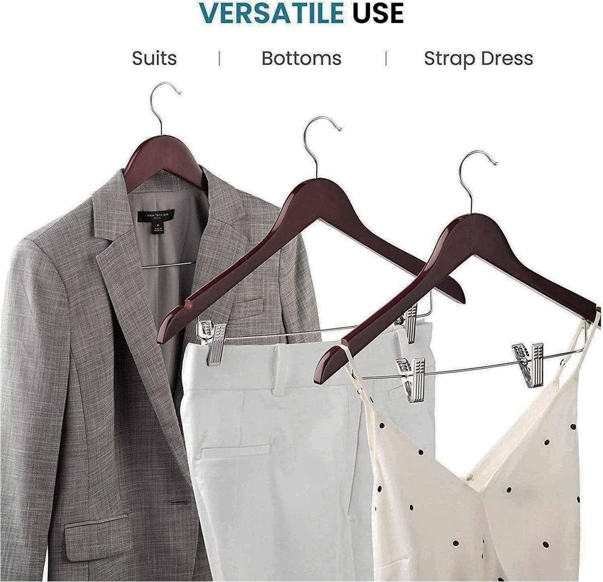 10 stuks 44,5 cm natuurlijke houten kleerhangers met metalen klemmen, twee inkepingen, 360 graden draaibare haken, garderobehanger, broekhanger, hanger voor broeken, shorts, rokken, sokken