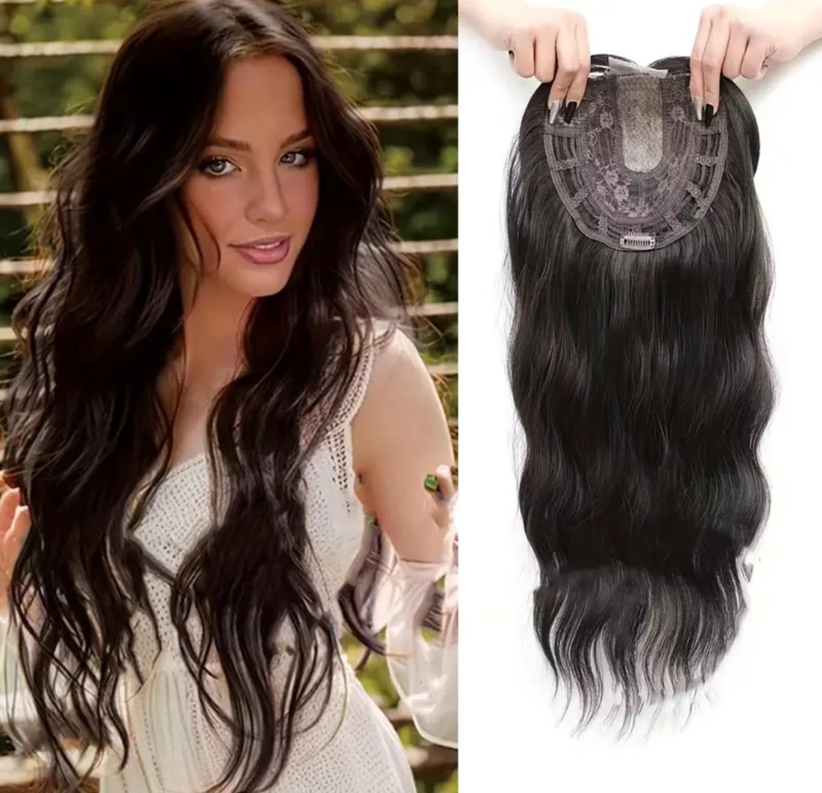 Beautiful natural-looking hair topper hair extensions wig for thinning hair or to cover bald spots or gray hair. Color dark brown black brown long model m4