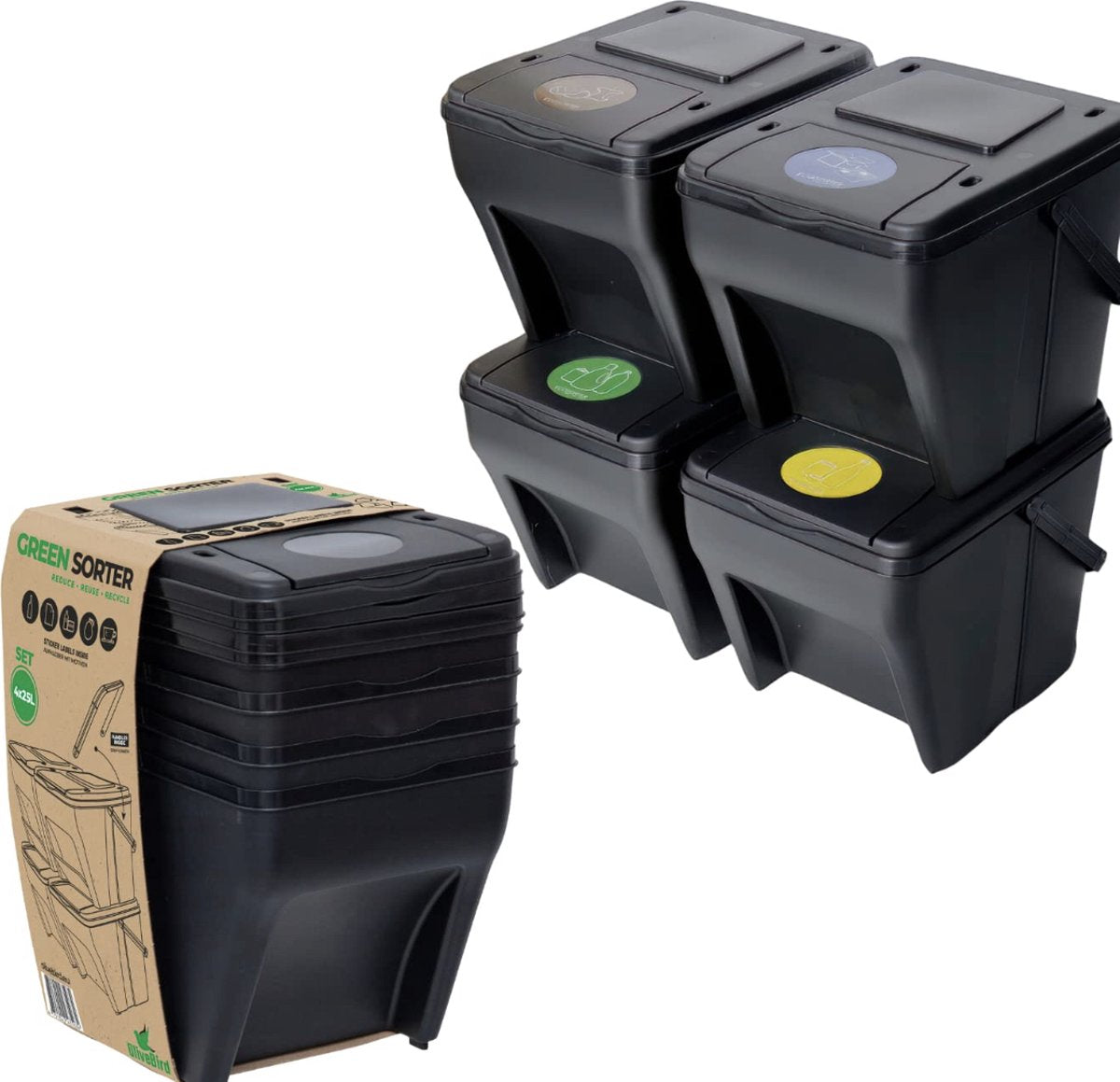Vuilnisbak 4 vakken afvalscheidingssysteem 100 l - 4 x 25 l groene sorter afvalscheider 5 stickers kleuren afvalscheider voor biologisch afval papier, glas afvalscheidingssysteem voor afvalscheiding in de keuken