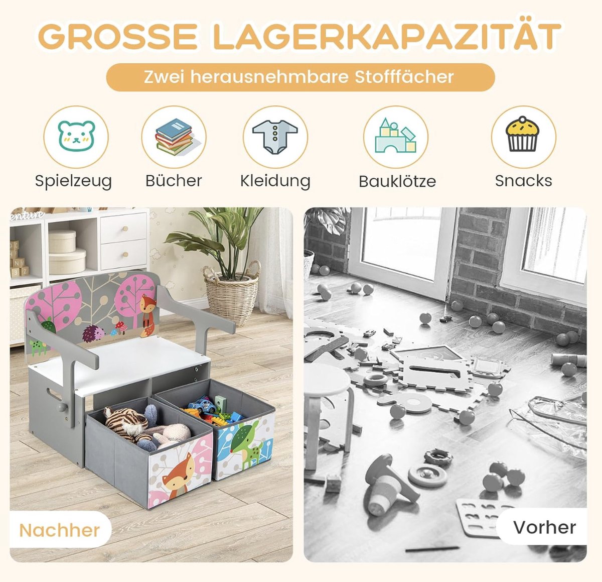 3-in-1 kindertafel met bankje, kinderzitgroep met 2 afneembare manden, kinderbank met opbergruimte, speelgoedkist met rugleuning, zitkist voor kinderkamer, grijs