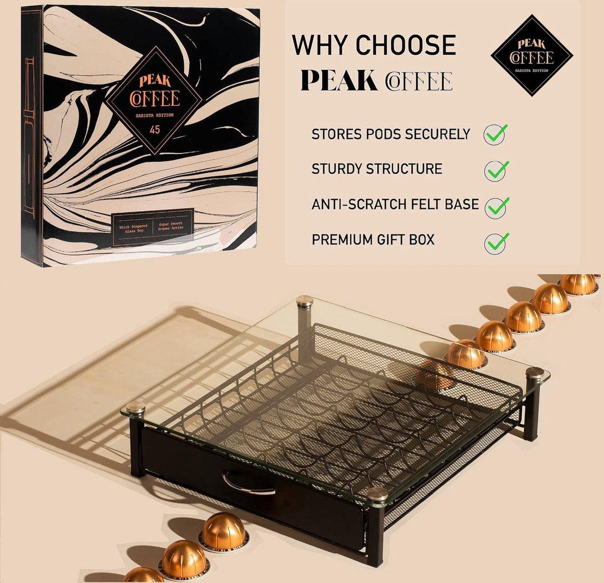 45 Pads Glazen Opbergvak Houder Compatibel met Nespresso Vertuo Vertuoline en Dolce Gusto - Grootste Vertuo Capsule Houder - Peak Coffee