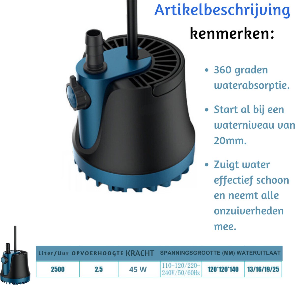 Dompelpomp Vuil Water – Vlakzuigpomp Veelzijdig Inzetbaar – Dweilpomp 360° Waterabsorptie – Vlakzuiger Aquarium - 45 Watt