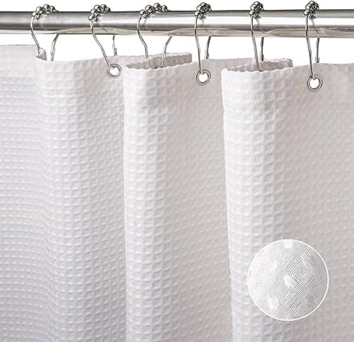 Wafelstof douchegordijn met metalen douchegordijnringen, stof, textiel, badgordijn, anti-schimmel, badgordijnset waterdicht, zwaar douchegordijn, voor badkamer, 92 x 182 cm