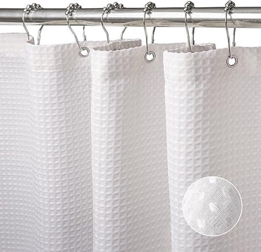 Wafelstof douchegordijn met metalen douchegordijnringen, stof, textiel, badgordijn, anti-schimmel, badgordijnset waterdicht, zwaar douchegordijn, voor badkamer, 92 x 182 cm