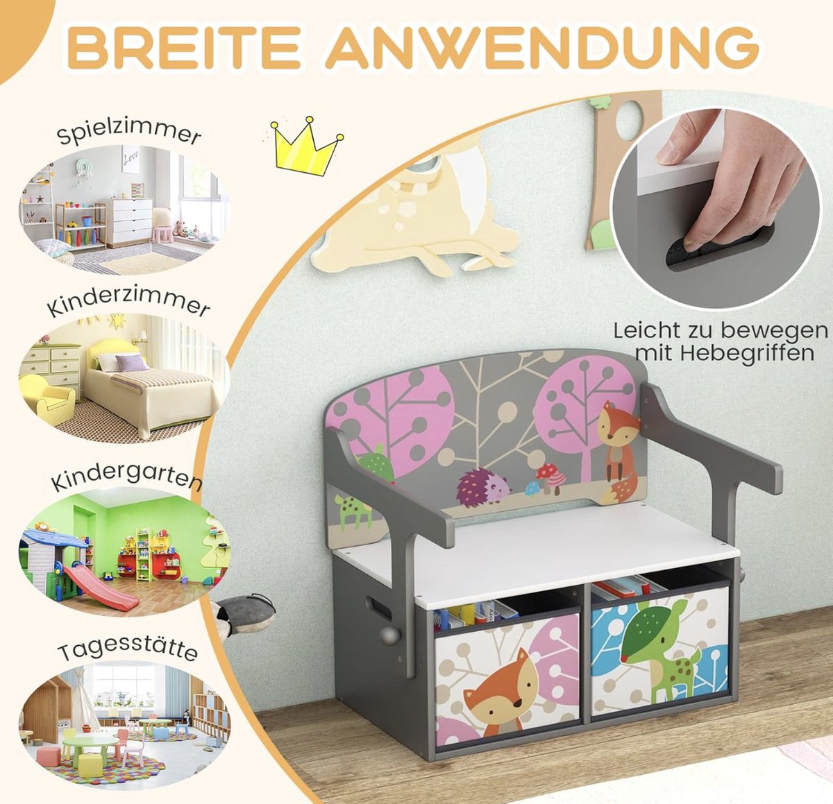 3-in-1 kindertafel met bankje, kinderzitgroep met 2 afneembare manden, kinderbank met opbergruimte, speelgoedkist met rugleuning, zitkist voor kinderkamer, grijs