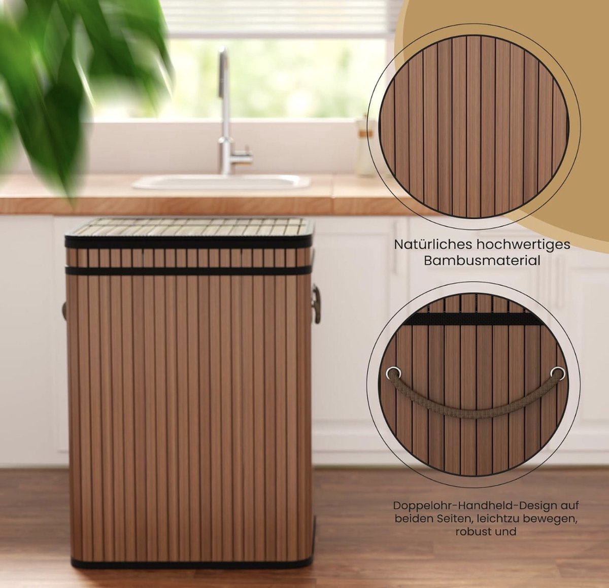 Grote vuilnisemmer van 80 liter met deksel, afvalemmer van bamboe, vuilnisbak/afvalemmer voor binnen en buiten, voor thuis, kantoor, badkamer, keuken, 40 x 30 x 60 cm (walnoot)