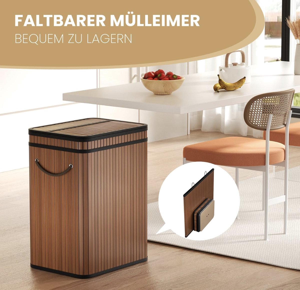 Grote vuilnisemmer van 80 liter met deksel, afvalemmer van bamboe, vuilnisbak/afvalemmer voor binnen en buiten, voor thuis, kantoor, badkamer, keuken, 40 x 30 x 60 cm (walnoot)