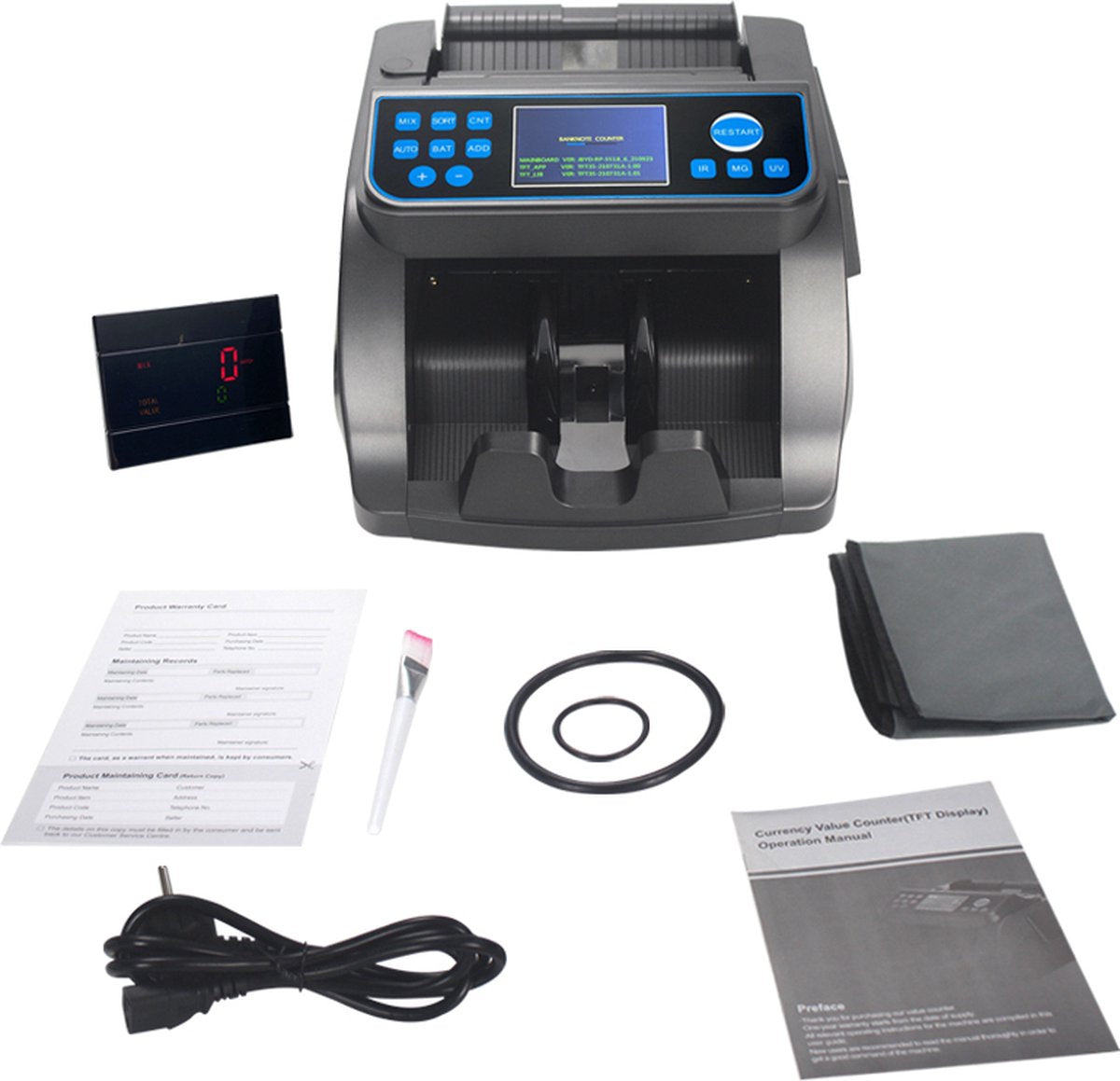 Money Counting Machine & Banknote Counter - 5-fold Counterfeit Detection - 1000 bills/minute - 5-fold counterfeit detection - Add & batch function - Carrying handle - Alarm - Incl. Free Storage and Dust Cover and Counterfeit Money Pen
