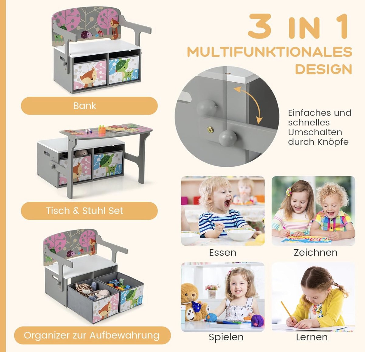 3-in-1 kindertafel met bankje, kinderzitgroep met 2 uitneembare manden, kinderbankje met opbergruimte, speelgoedkist met rugleuning, zitkist voor kinderkamer, grijs