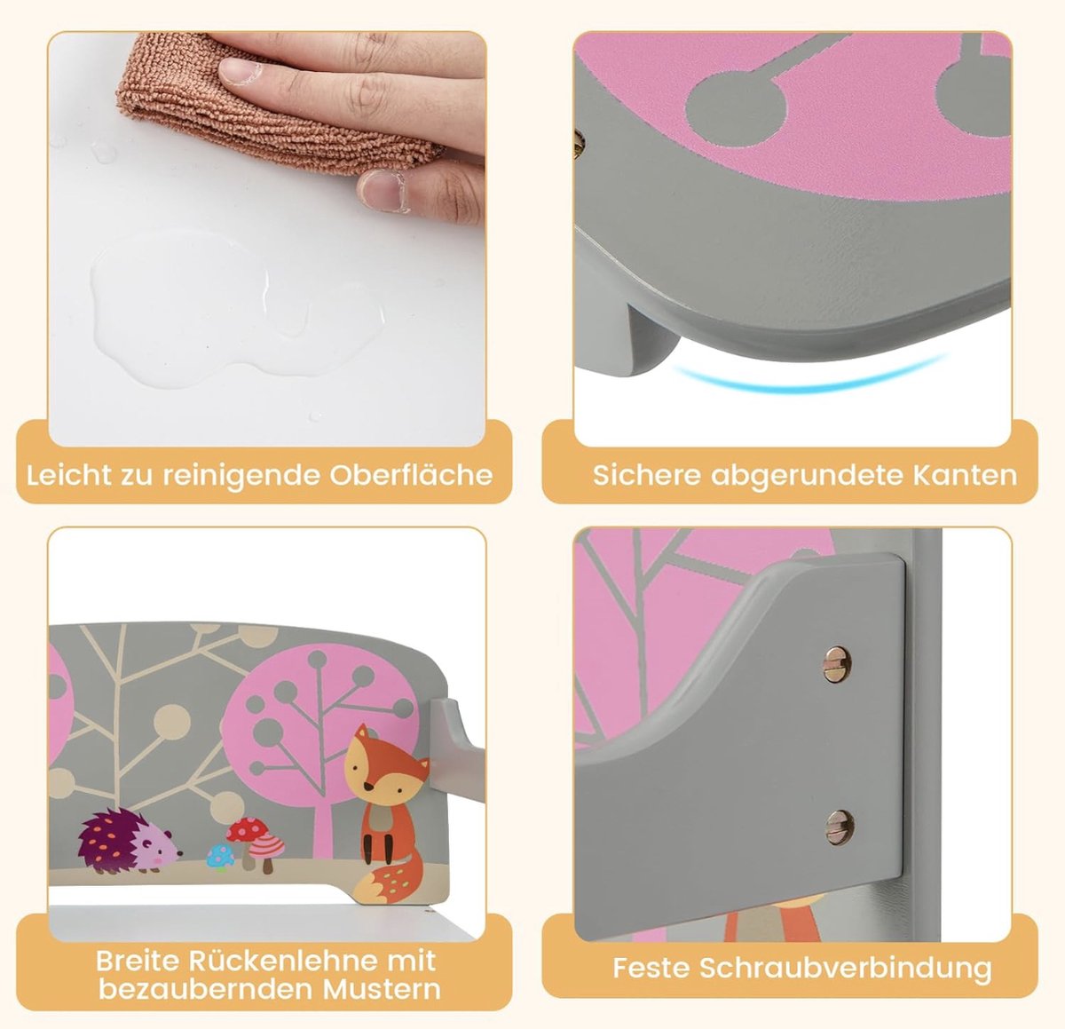 3-in-1 kindertafel met bankje, kinderzitgroep met 2 afneembare manden, kinderbank met opbergruimte, speelgoedkist met rugleuning, zitkist voor kinderkamer, grijs