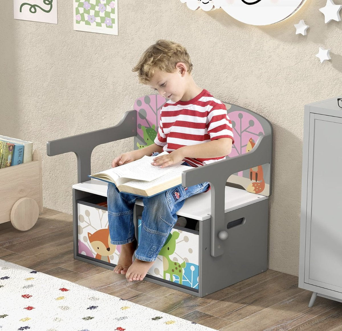 3-in-1 kindertafel met bankje, kinderzitgroep met 2 afneembare manden, kinderbank met opbergruimte, speelgoedkist met rugleuning, zitkist voor kinderkamer, grijs